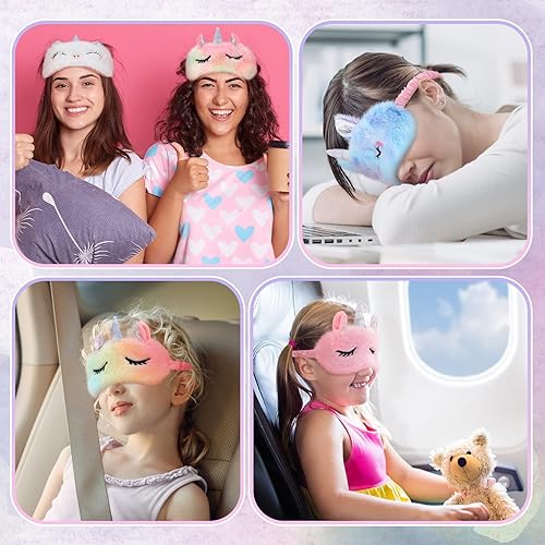 Miniatura 7 de Zhanmai 8 máscaras de unicornio para dormir de felpa, máscara de ojos de piel suave, ojos de unicornio con venda, lindo y divertido sombra para