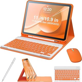 for iPad 10th Gen 10.9 Inch & 11th Gen A16 11 Inch Case, Tri-Fold Stand with Pen Holder, Integrated Wireless Mouse, Bluetooth Keyboard Kit, Includes Stylus Pen, PU leather protective cover, Orange