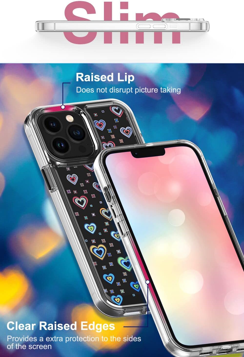 Jusy Compatible with iPhone 13 Pro Case, Holographic Love Heart Iridescent Clear Kawaii Phone Case, for Women Aesthetic Laser Bling Rainbow Cute iPhone Cover, Holo Reflective Case