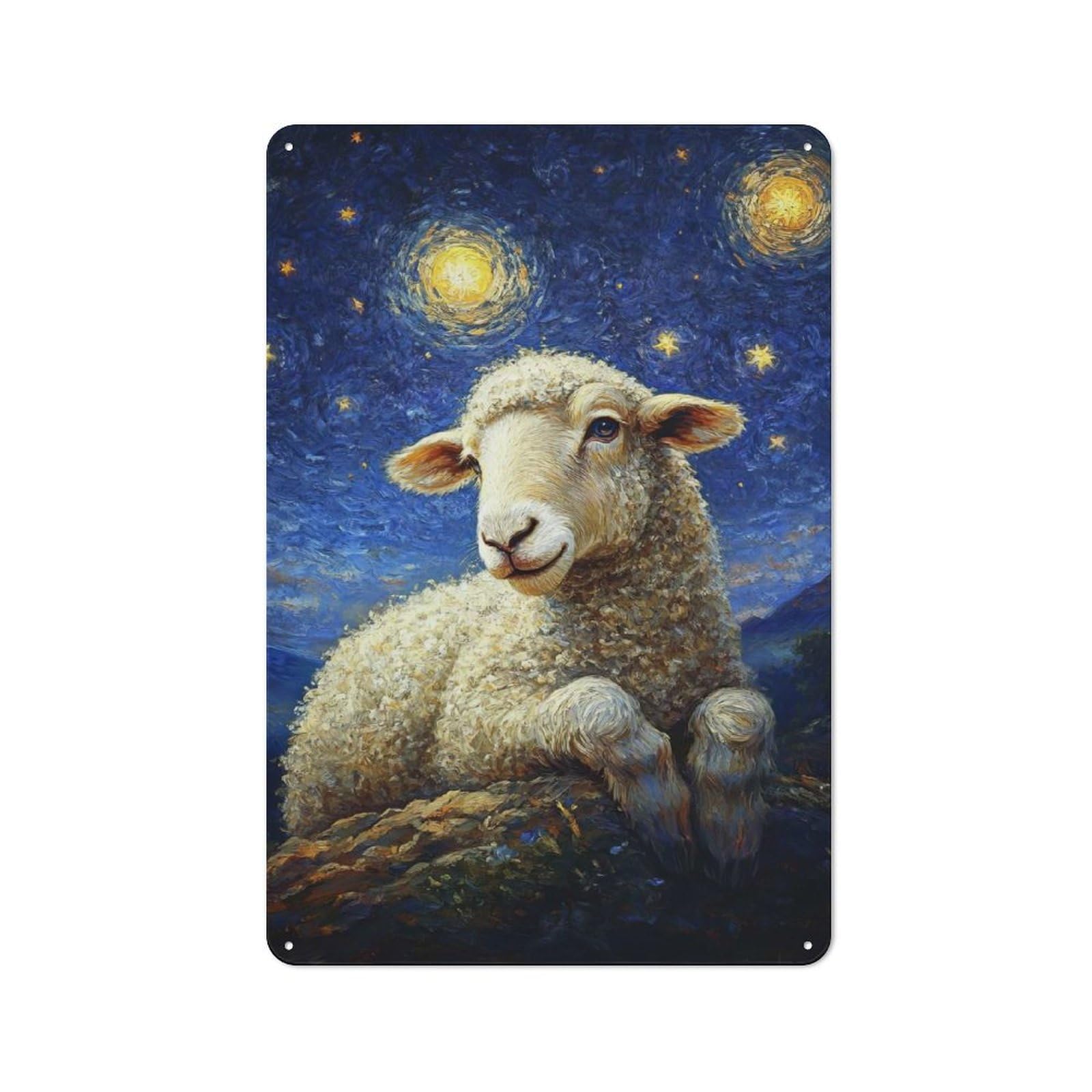Junmoney Sheep Under Starry Night Rustic Decorative Tin Sign 30X20cm, Cottage Wall Art For Cottage, Kitchen, Hallway Or Breakfast Nook
