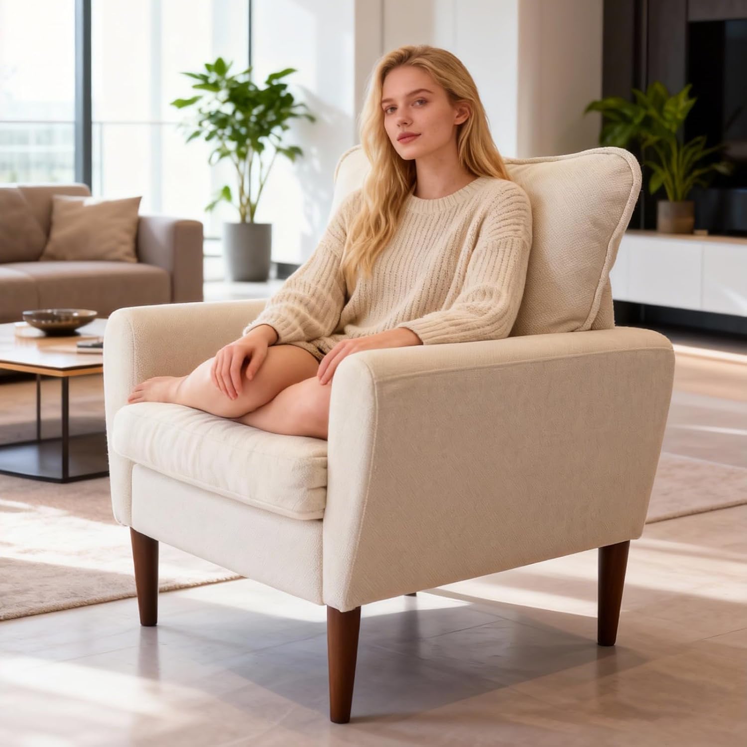 OLIXIS Comfy Accent Chair for Living Room Bedroom and Waiting Room, Upholstered Mid-Century Reading Chair with Pillow and Solid Wood Legs, Wide Singe Modern Lounge Sofa (Beige, 2 Pack)