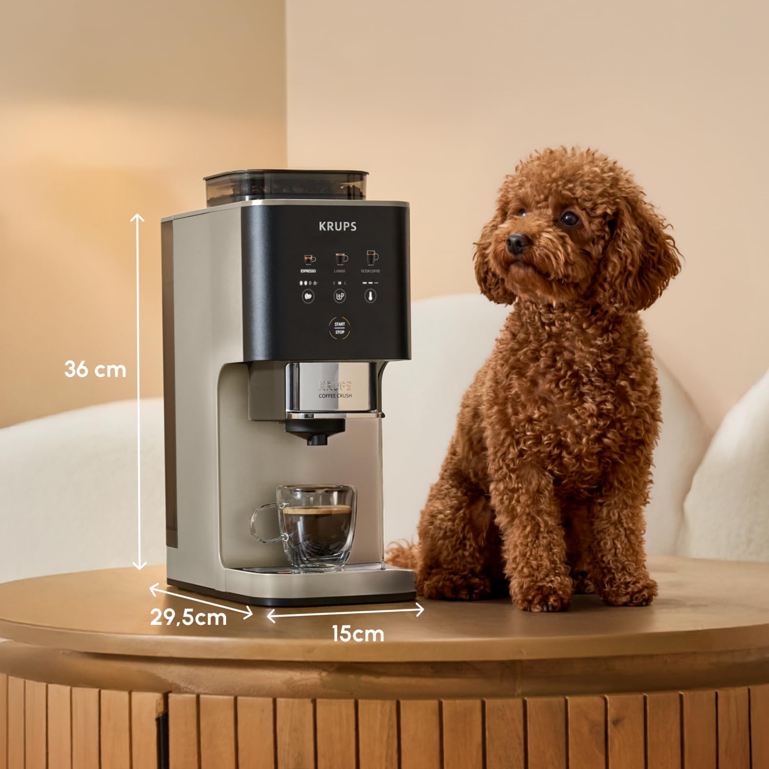 Krups Coffee Crush SA402AE0 Ekspres do kawy ciśnieniowy kolbowy z młynkiem, młynek ze stali nierdzewnej, tylko 15 cm szerokości, inteligentny panel sterowania, ciśnienie 15 barów