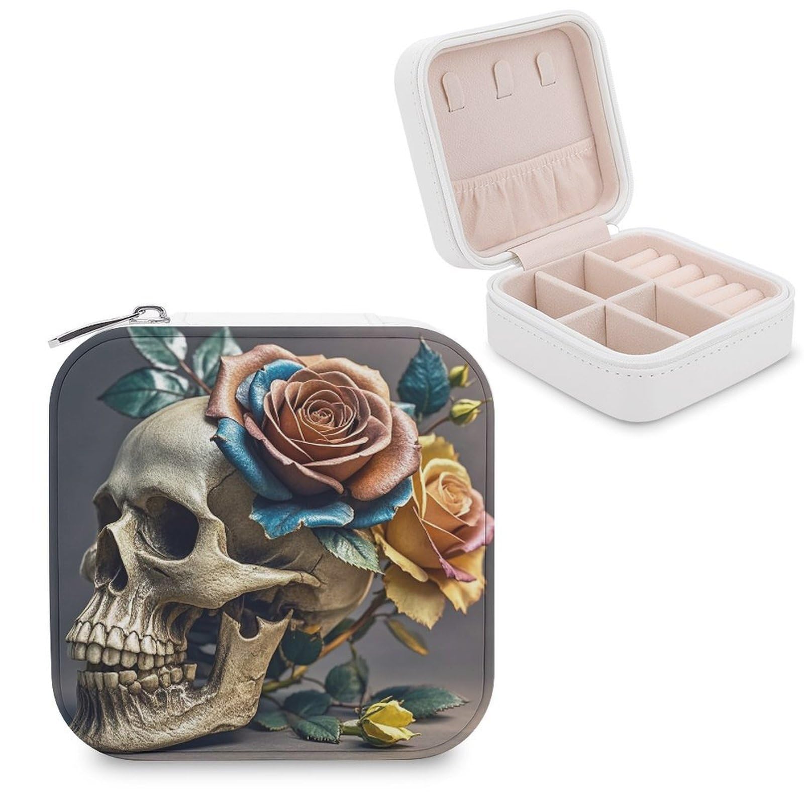LZQPOEAS Leather Rose Skull Jewelry Box Mini Jewelry Travel Case Trendy Stuff Ring Box Custom PU Leather Jewelry Boxes Portable Jewelry Case Earring Storage Organizer for Girls Women