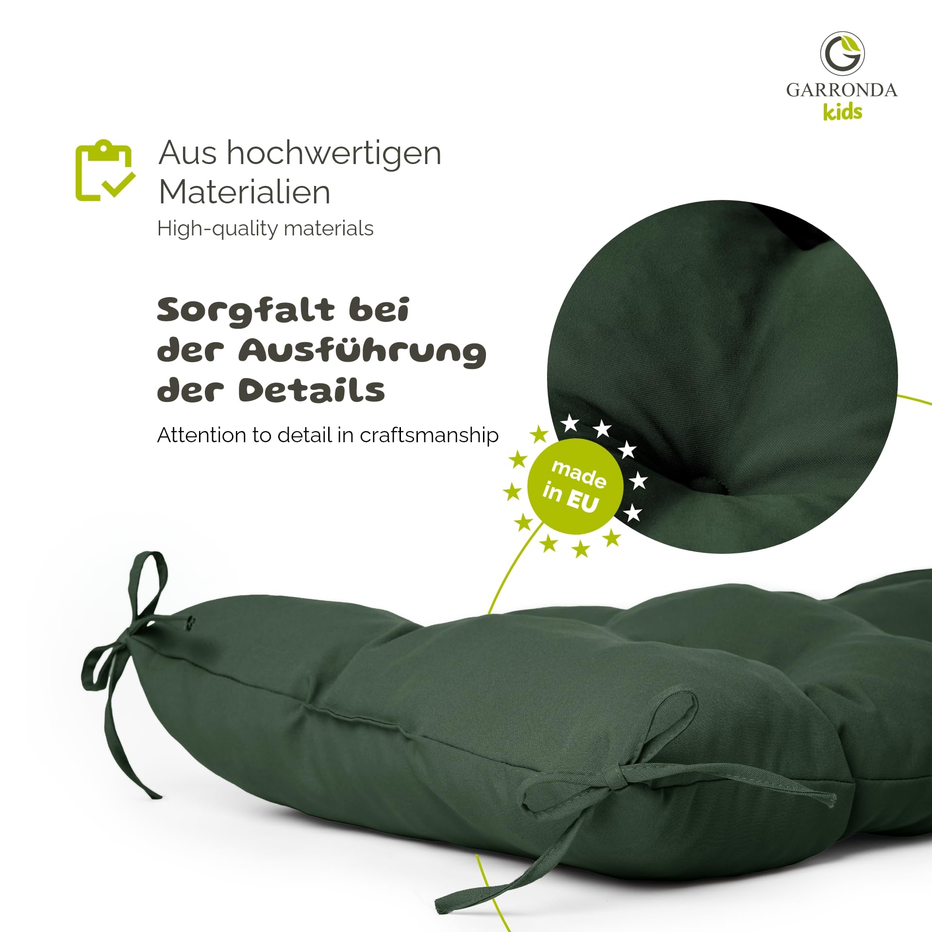 Garronda Coussin pour Arche d'escalade Pont d'escalade Vert GD-0063 | Coussin Matelassé 40 x 85 cm, Épais et Confortable, avec Cordons, pour Jouet Montessori, Arche d'Équilibre, Enfants dès 1 an