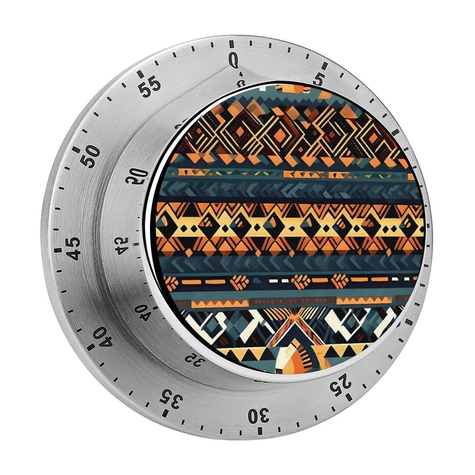 African Tribal Ethnic Texture Fashion Visual Timers Wind Up 60 Minutes Desk Stainless Steel Magnetic Timer Countdown Clock No Batteries Loud Alarm for Kitchen Chef Cooking