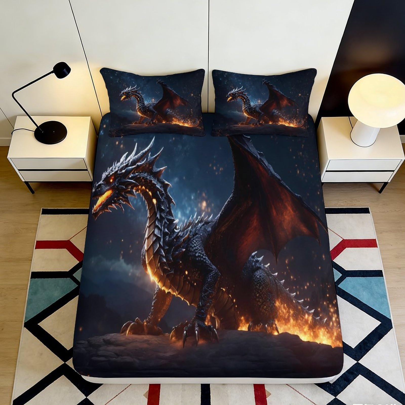 3D Printed Dragon Black Flame Fitted Sheet Microfiber Soft Durable 3D Printed Fire Dragon Bed Cover for Bedroom Dormitory Mattress Protection 200x200x25cm