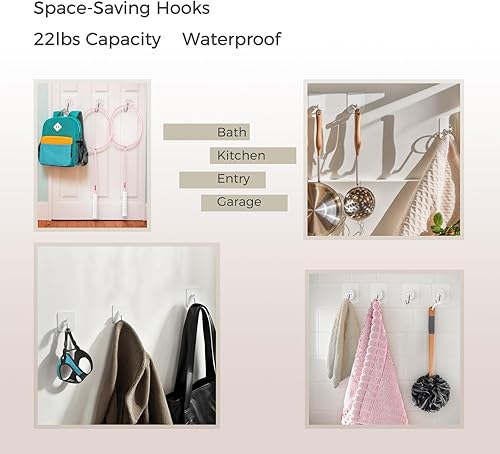 Miniatura 5 de Ganchos adhesivos resistentes de 22 libras, paquete de 10, ganchos de pared sin taladrar para baño y cocina, ganchos transparentes reutilizables