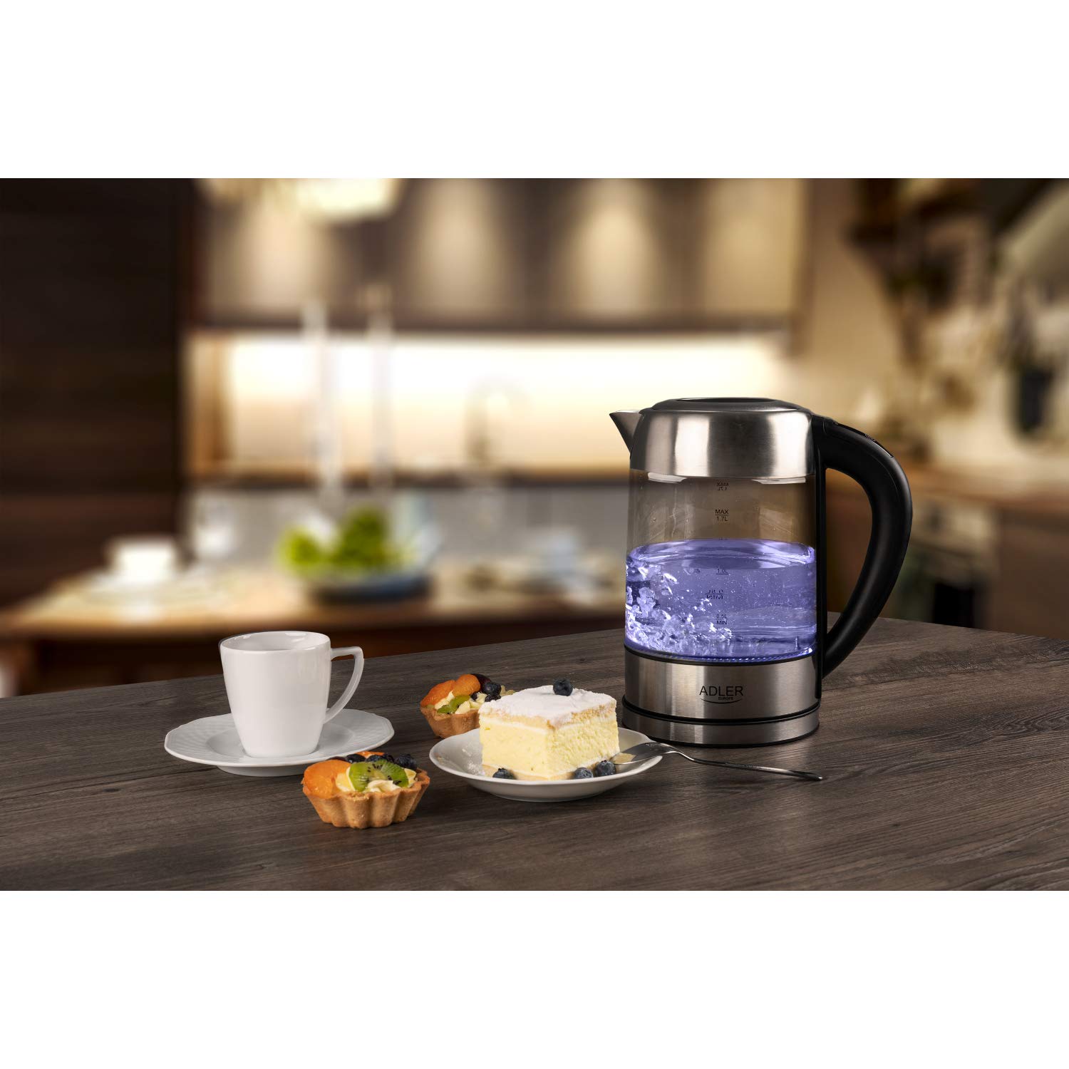 ADLER AD-1247 Hervidor de agua eléctrico cristal 1,7 litros, Regulador de Temperatura de 60 a 100 °C, resistencia oculta, 2200 W, apagado automático, inalámbrico 360º sin cable | Regulador de Temperatura de 60 a 100 °C, resistencia oculta, apagado automát