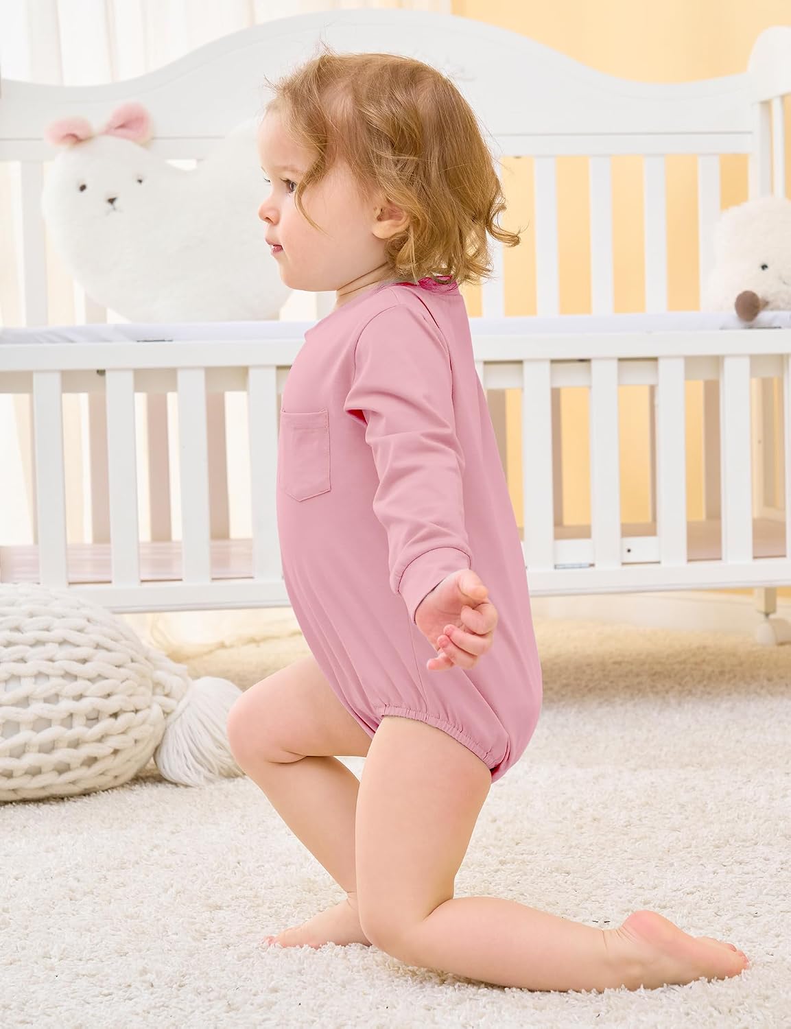 Jimonda Baby Boy Girl Bubble Romper Long Sleeve Cotton Crewneck Sweatshirt with Pocket,Solid Color Bodysuit Newborn Outfit