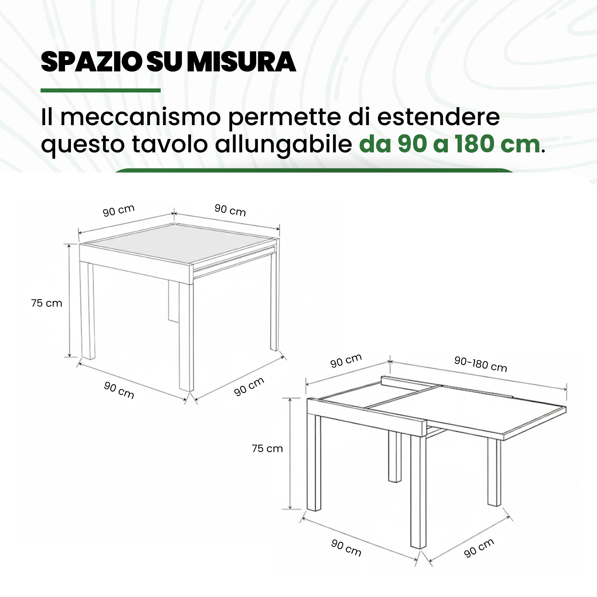 Mar.c.a. Design - Tavolo da Pranzo Allungabile Quadrato 90x90x75 cm - Allungabile Fino a 180 Cm con Piano in Vetro - Bianco - Made in Italy