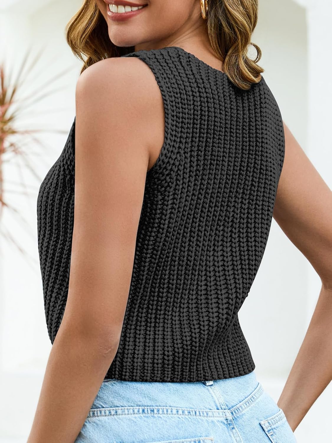 Saodimallsu Womens Cropped Sweater Vest V Neck Button Down Y2k Crop Knit Summer Trendy Sleeveless Chunky Tank Tops - Image 5