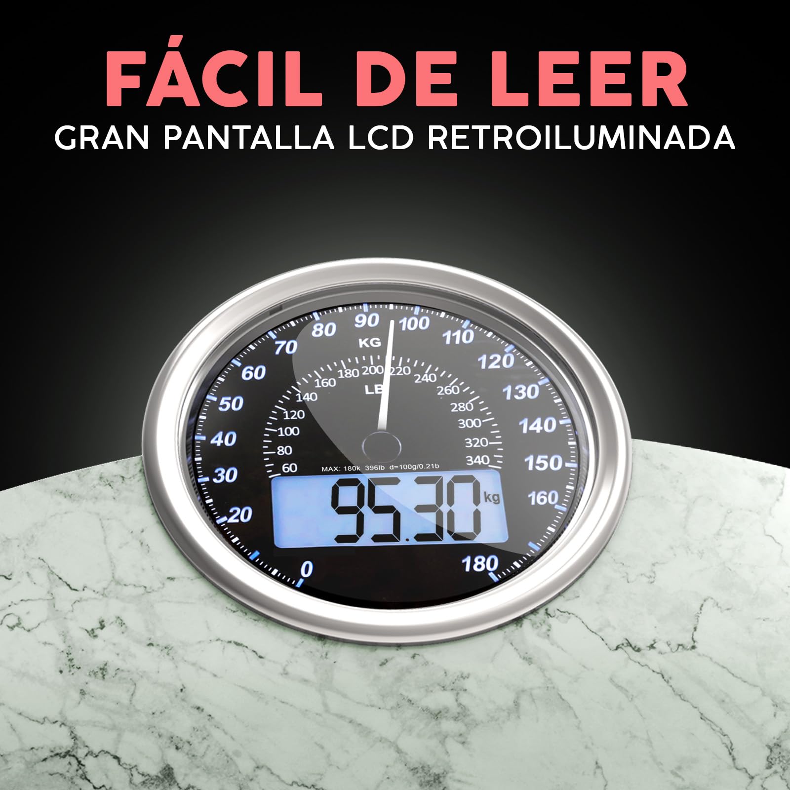 Hybrid Báscula de Baño - Analógica & Digital, Precisa hasta 180 kg | Vea su peso en el cuadrante analógico y LCD a la vez. Plataforma ancha, 3 pilas AAA incluidas, lista para usar.