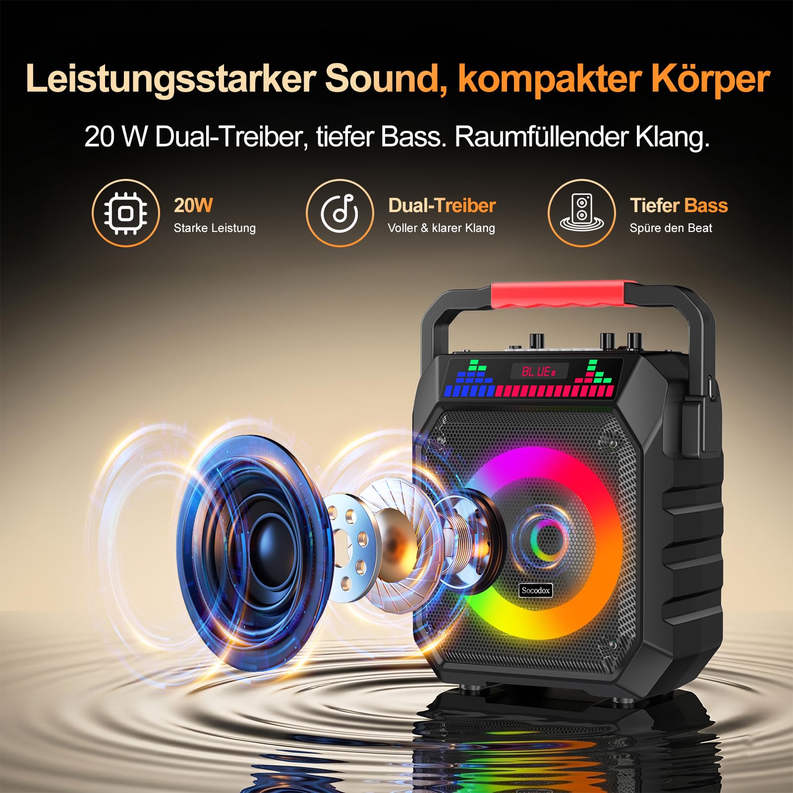 Karaoke Box mit 2 Mikrofonen für Erwachsene & Kinder | 5200mAh Akku für 12h Laufzeit, Echo, RGB-Lichter, Bluetooth, USB/TF-Aufnahme, Mic-Eingang – leichtes 2kg Party-Soundsystem