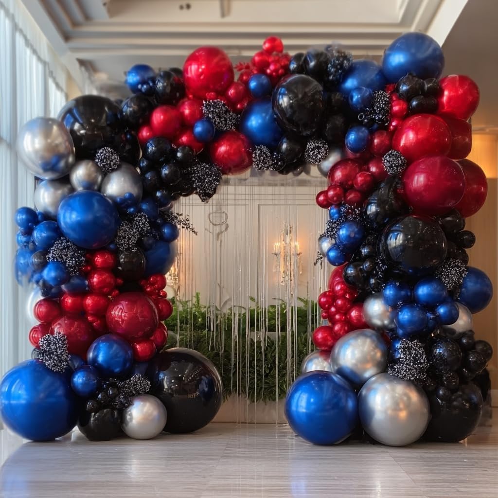 Red Blue Balloon Garland Double Stuffed Red Black Balloons Black Blue Sliver Balloons for Birthday Anniversary Halloween Football Party Arch Decorations