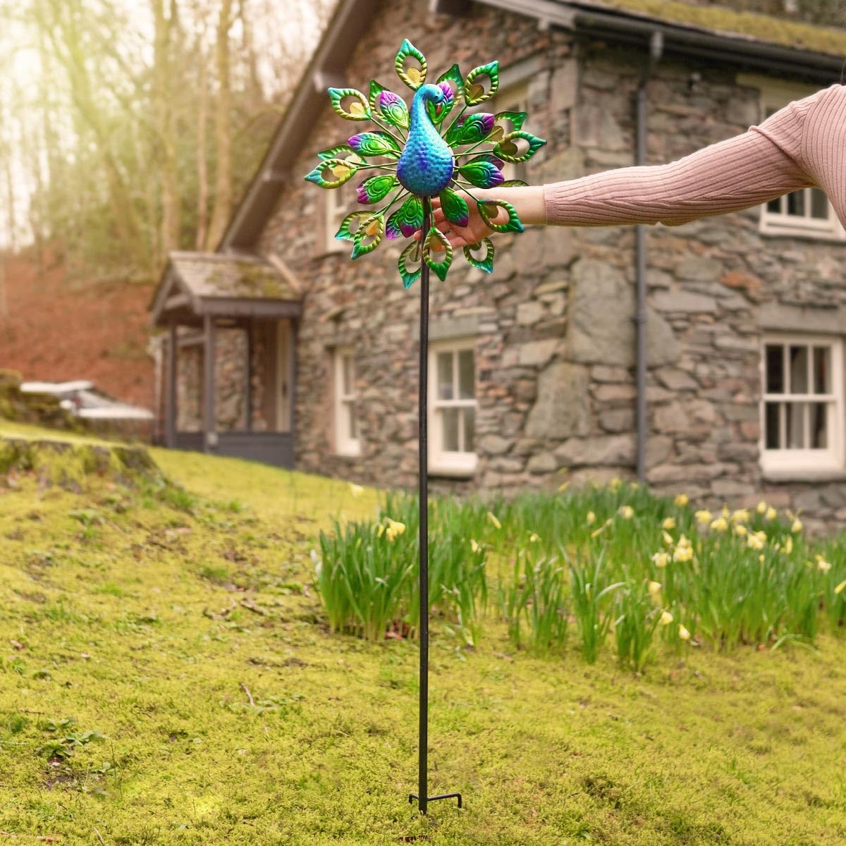 Festive Lights - 1.3m 4.3ft Peacock Blue Solar Garden Wind Spinner - Colour-Changing LED, Crackle Glass Ball, Weather-Resistant - IP44 Outdoor Light with Rotating Feathers & Sturdy Ground Stake