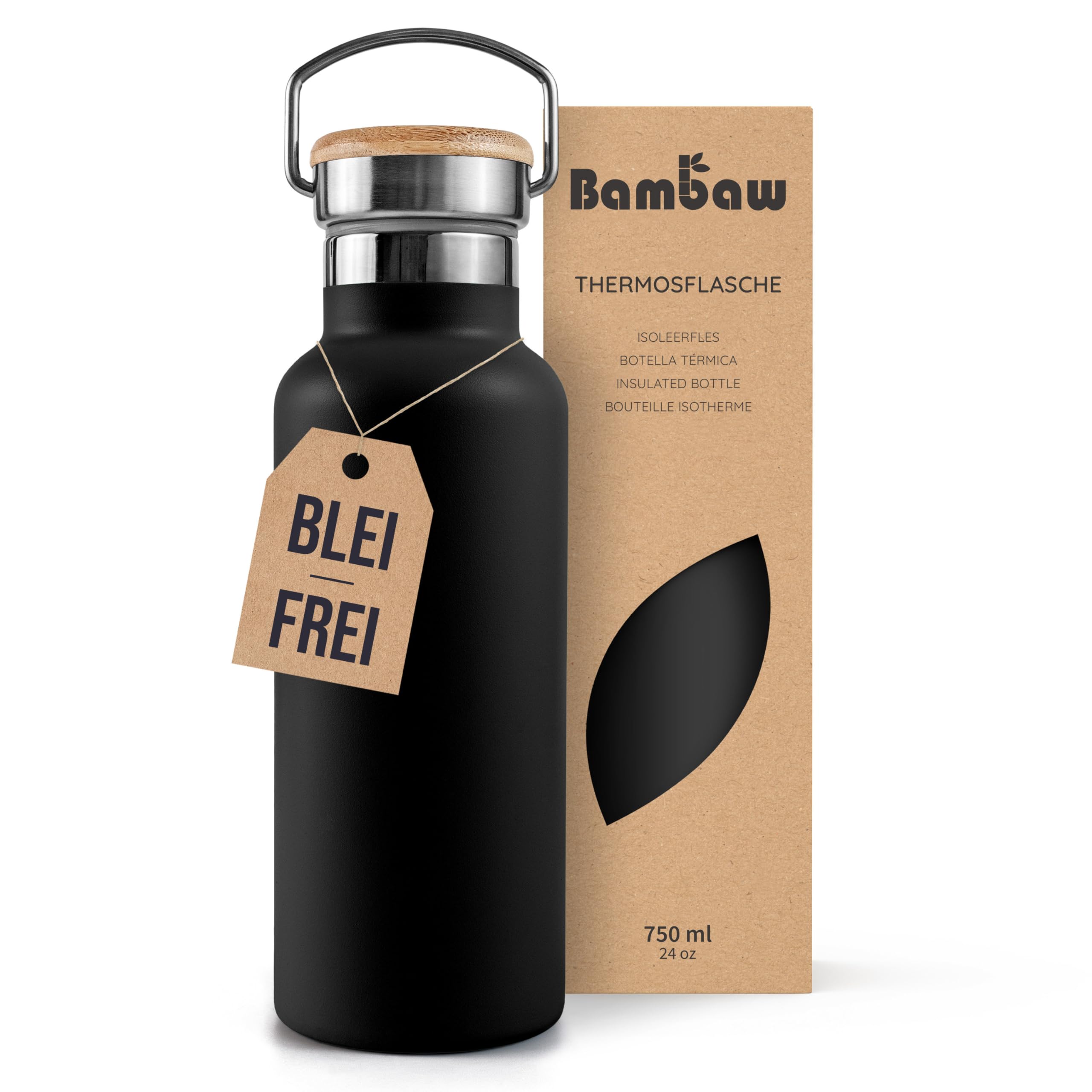 Bambaw Thermosflasche 750ml Edelstahl, Trinkflasche Edelstahl 750ml, Für Heiß- & Kaltgetränke, Rostbeständig, Leicht, Einfach zu Reinigen & Ideal für Uni, Gym & Sport (Tiefschwarz)
