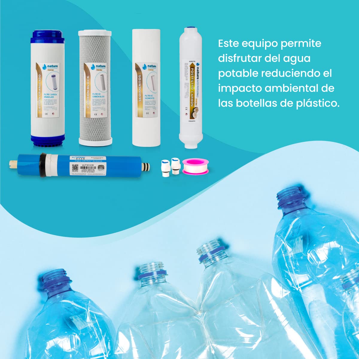 Kit de 4 Filtros Universales para Osmosis Inversa - Incluye Membrana Vontron y Rollo de Teflón - Ideal para Equipo de 5 Etapas Universal - 50GPD - Nature Water Professionals