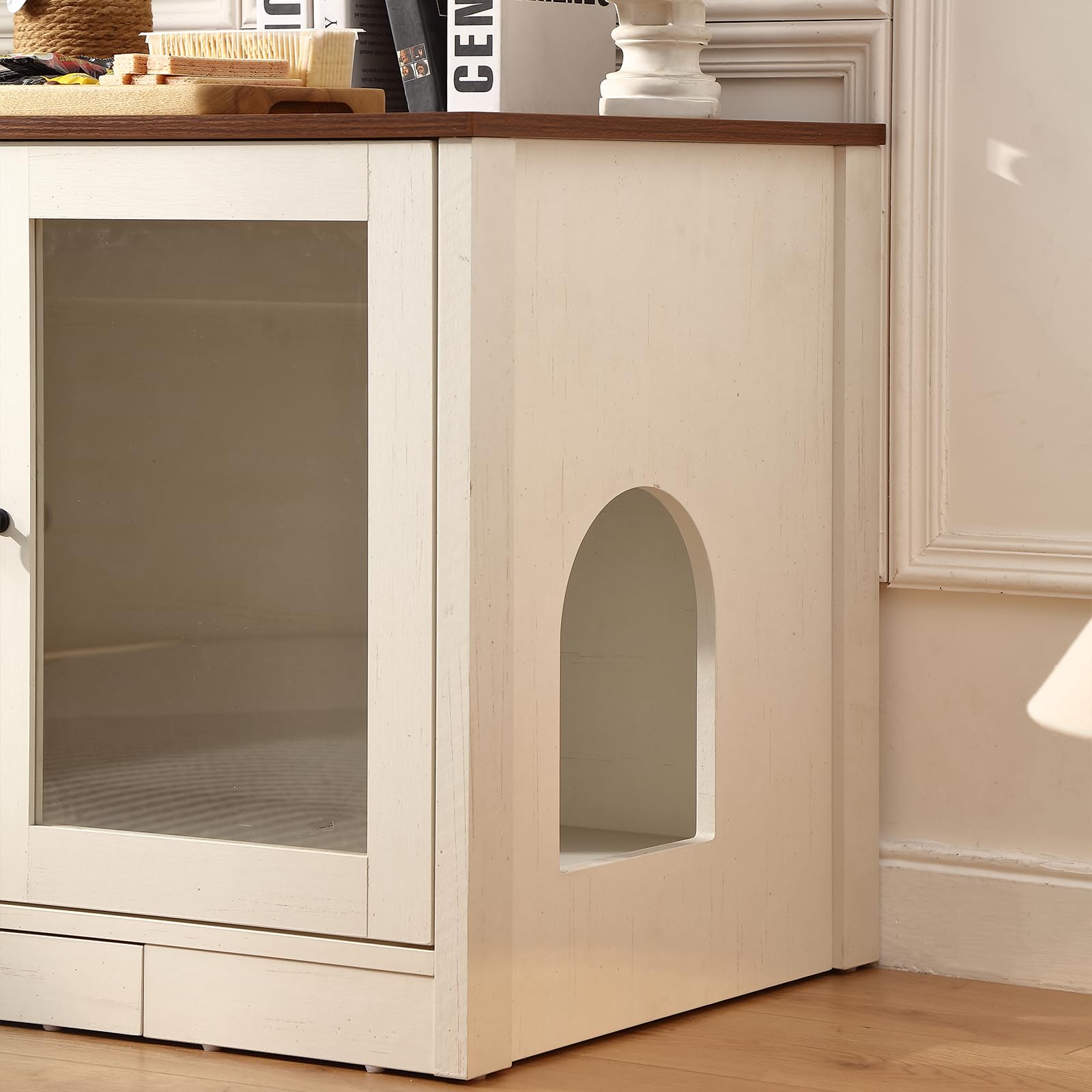 FOREST GRAVITY Mueble Arenero para Gato Pequeño Mueble Arenero para Gato Moderno 82 * 58.5 * 53 cm Casa para con Puerta y Tabique Separador Blanco Antiguo