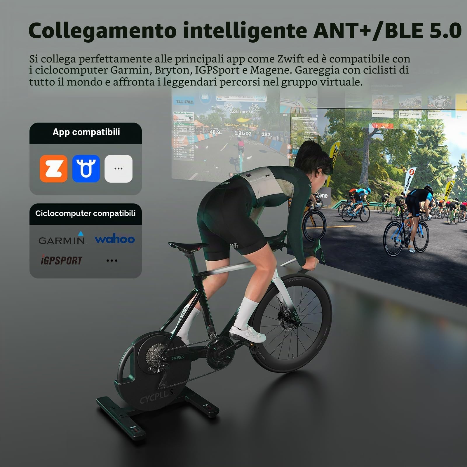 CYCPLUS R200 Smart Cyclette da Interno, Motore Brushless da 2200W, Simulatore di Pendenza al 19%, Modalità Dual BLE & ANT+, Cambio Virtuale, Simulazione di Salita/Discesa, Super Silenziosa per un