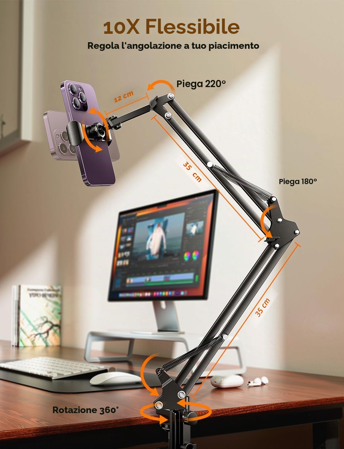 LISEN Supporto per tablet regolabile a braccio lungo 2 clip per iPad Kindle Samsung Galaxy