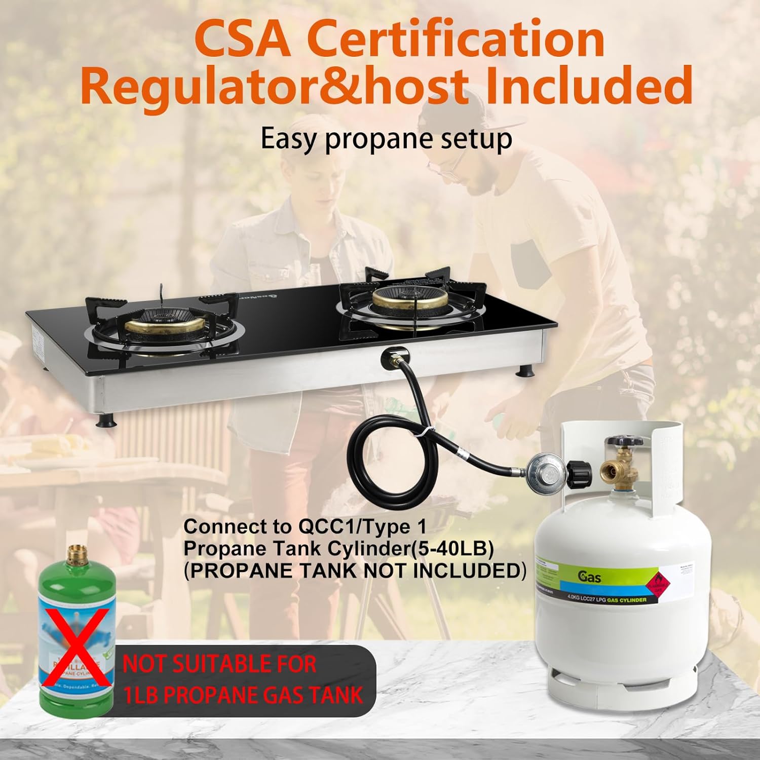 2 Burner Propane Gas Stove, 29,000 BTU High-Efficiency Auto Ignition Heavy-Duty Tempered Glass Cooktop, Includes CSA Regulator & Hose, for Outdoor Camping & Emergencies