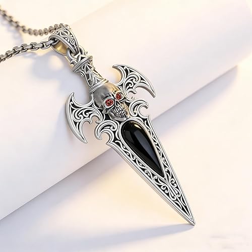 Miniatura 3 de Collar de espada de calavera gótica para hombre, colgante de espada de plata de ley 925 con circonita negra, acabado oxidado vintage, regalo de