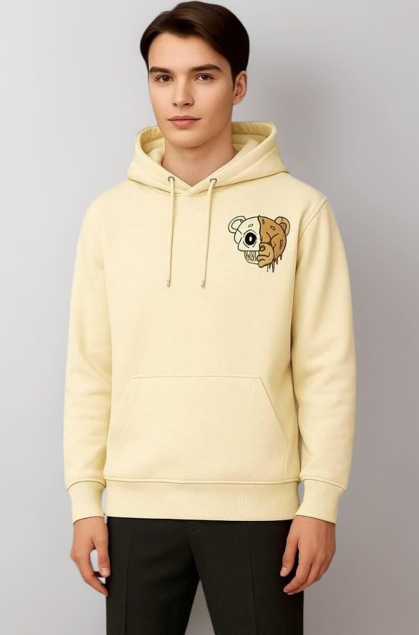 Men's Hoodie with Split Bear Skull Graphic, Pullover Sweatshirt, Grey/Yellow/Black, Front Pocket