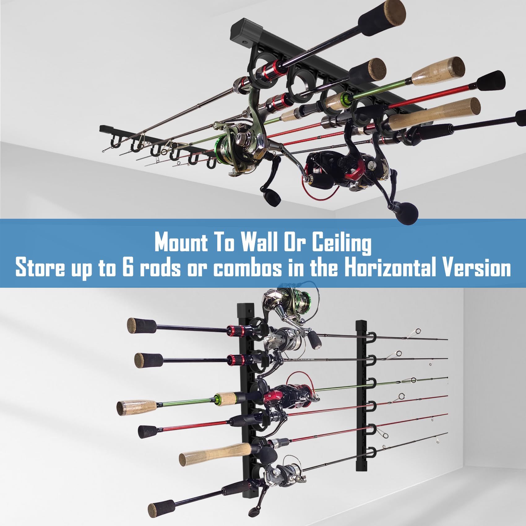Aventik Fishing Rod Holder for Garage, Ceiling, Wall Mounted Fishing Rod Rack 6 Fishing Pole Storage Vertical/Horizontal Garage Slide Fishing Pole Rack