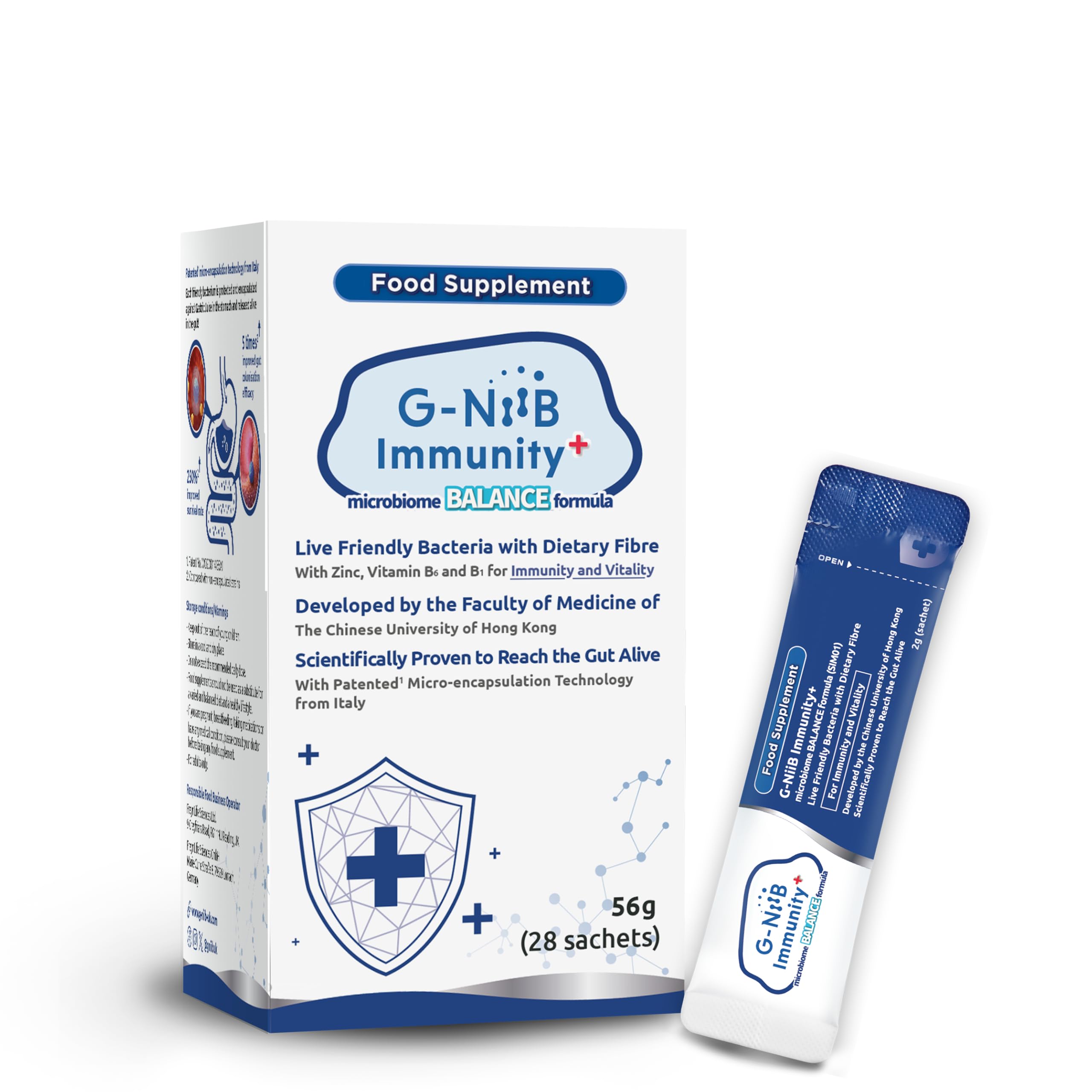 G-NiiB Immunity+ (SIM01) – Probiotika mit Präbiotika, Zink & B-Vitaminen – Entwickelt von einer medizinischen Fakultät – Klinisch untersuchte Probiotika-Stämme – 28 Beutel 28 Portionen
