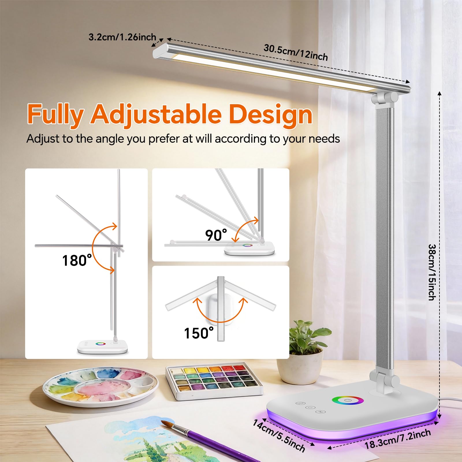 Schreibtischlampe LED Dimmbar 10W, Tischlampe mit 5 Farb und 10%-100% Stufenloses Dimmen, Desk Lamp USB Ladeanschluss Touch Steuerung, RGB Nachttischlampe, für Kinder, Schlafzimmer, Lektüre(Weiß)