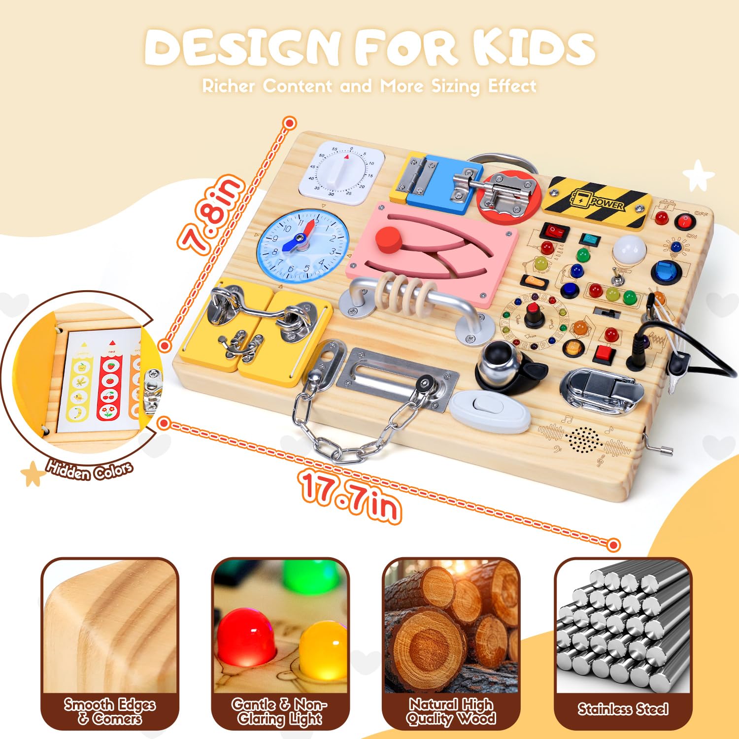 Busy Board with 13 LED Light Switches and 12 Activity, Montessori Toys for Toddlers, Wooden Toy Sensory Activity Board, Travel Toys for 1+ Year Old Boy & Girl Birthday Gift (25 in 1 Busy Board)