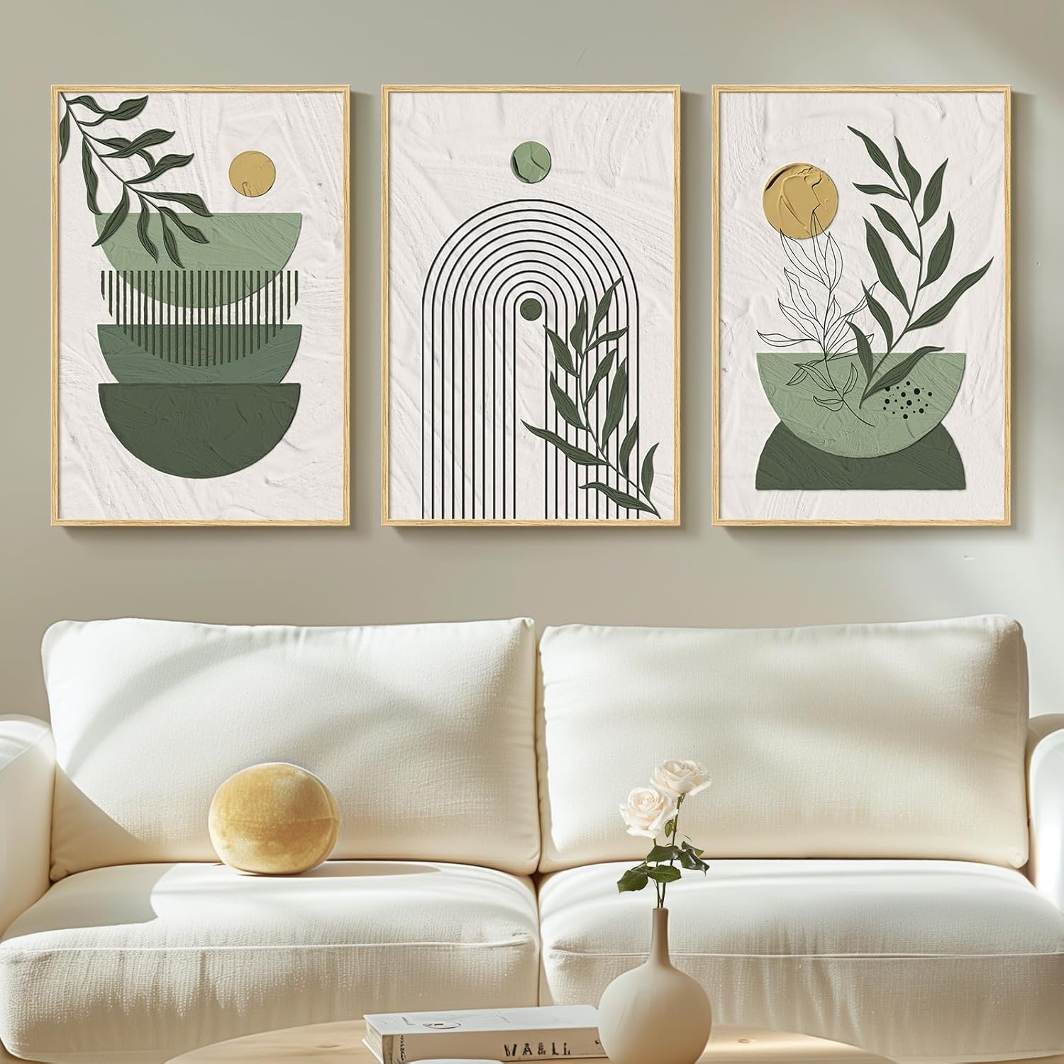 Framed Sage Green Large Boho Canvas Wall Art, Set of 3