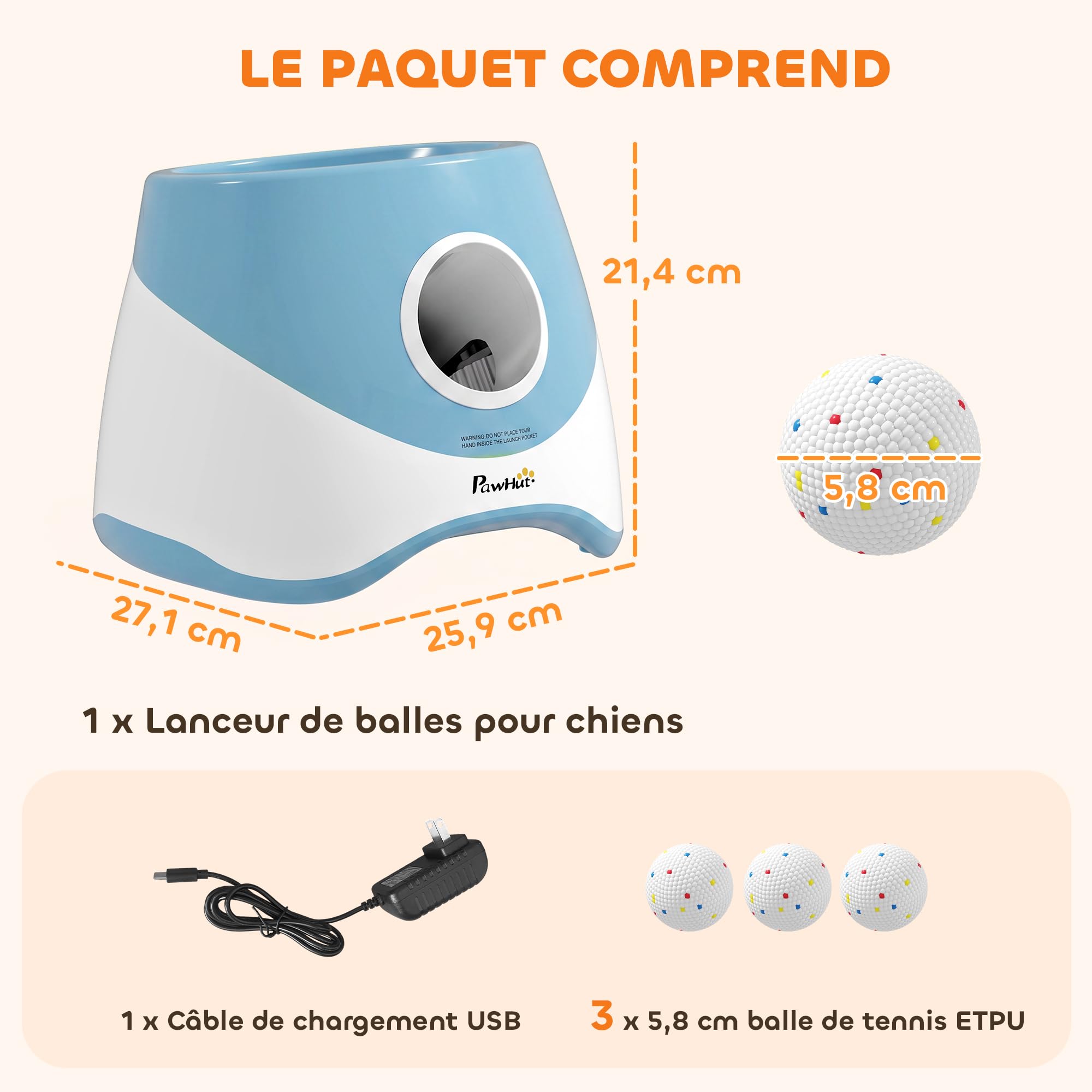 PawHut Lanceur Automatique de Balles pour Chiens Petits et Moyens avec 3 Balles en ETPU, 3 Distances (6m/10m/14m), Jouet d'Entraînement Intérieur Extérieur, Bleu