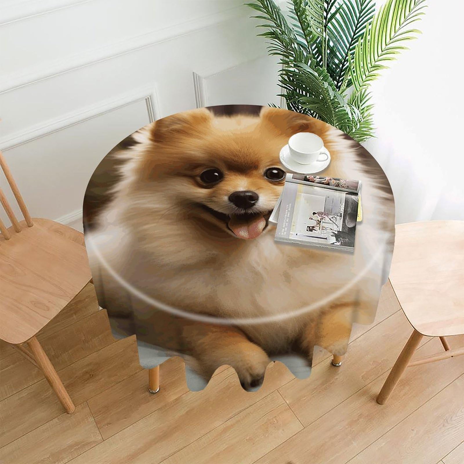 Cute Pomeranian Dog Tablecloth Exquisite Wrinkle-Free Straight-Edge Round Table Cloth Anti-Fading Premium Polyester Tablecloth Waterproof Folding Table Cloths for Tables Decor