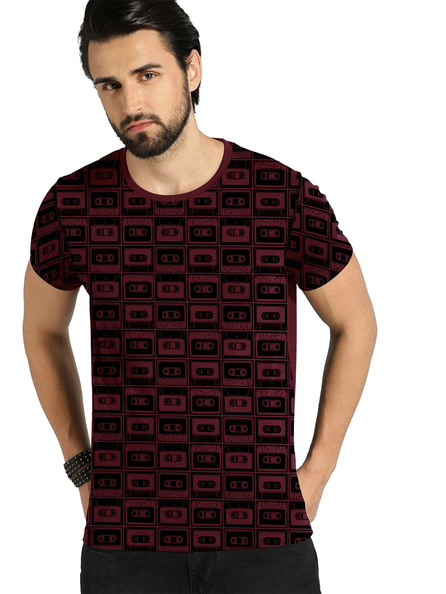 JC JUMP CUTSAll Over Printed Round Neck Half Sleeve Maroon and Black Cotton Slim Fit Tshirt