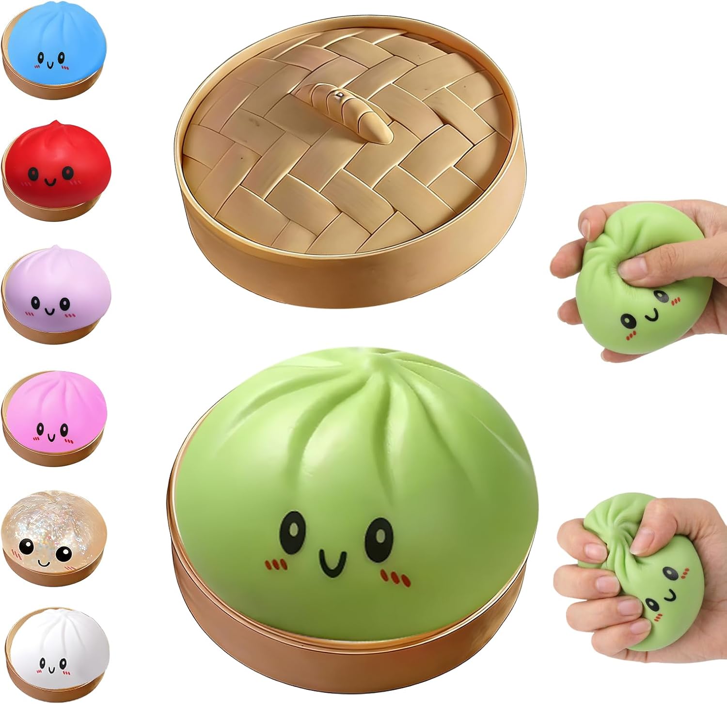 Dumpling Squishies Toy, Giant Glitter Dumpling, Colorful Steamed Bun Stress Balls Fidget Sensory Toy,Squeeze Dough Ball Stress Relief Hand Toys with Food Steamer Stretchy Desk Toys (Green)