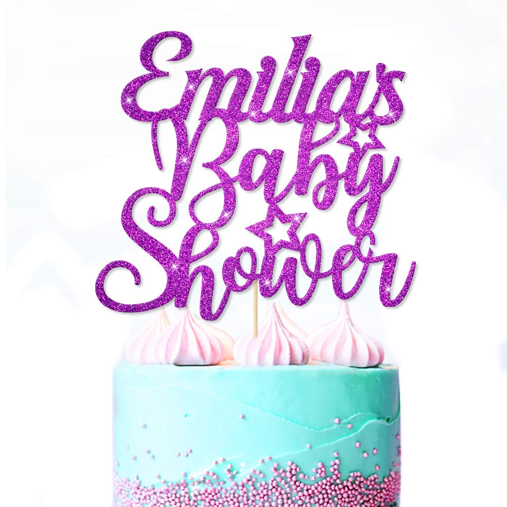 Baby Shower Cake Topper Name Personalised Hello Baby New Party Boy Girl Welcome Home Glitter Cake Topper | Double Sided Glitter Card Hand Finished in UK(Purple)