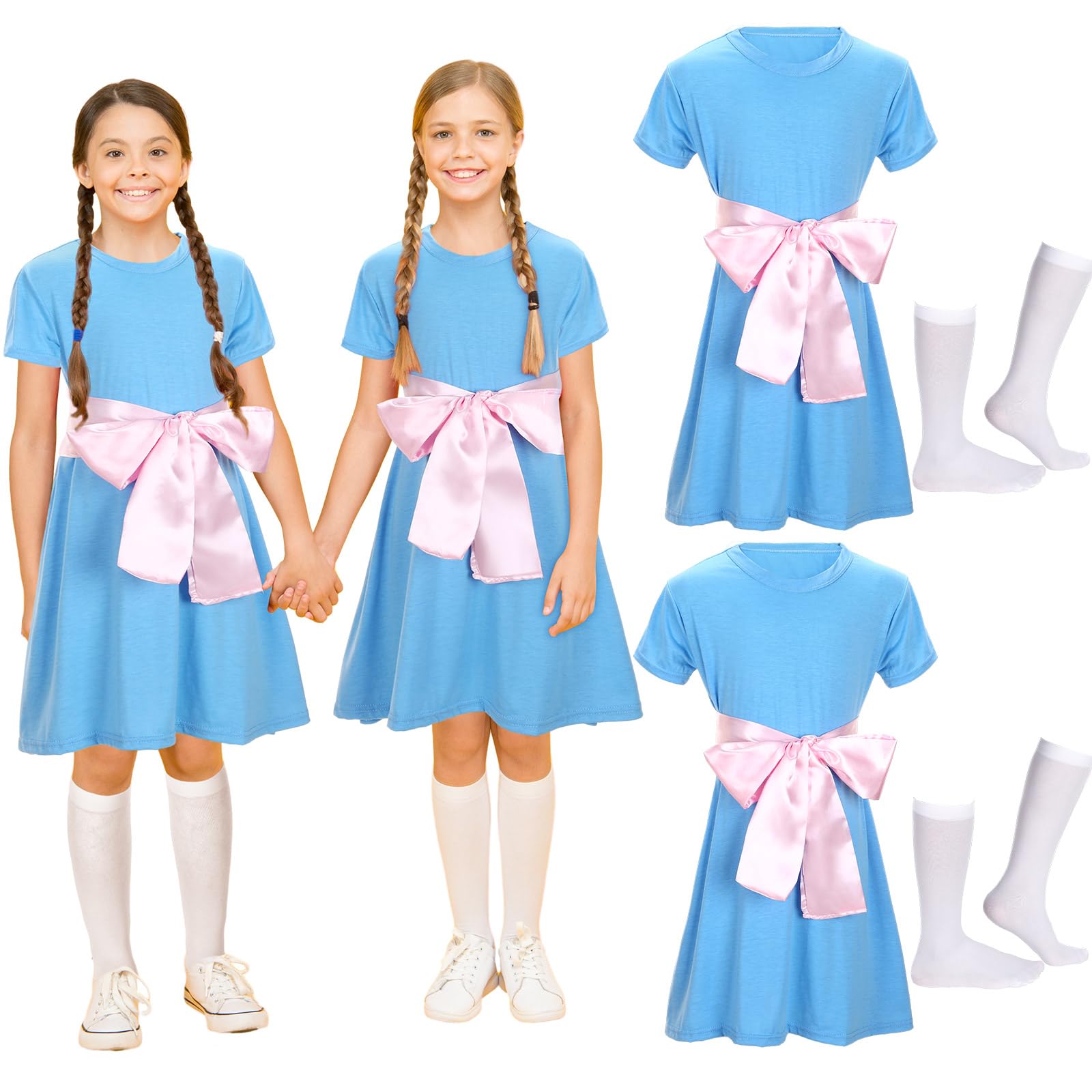 Mepase6 Pcs Twin Girls Halloween Costume Girls Blue Dress Knee High Socks with Pink Ribbon Outfit Halloween Cosplay for Girl