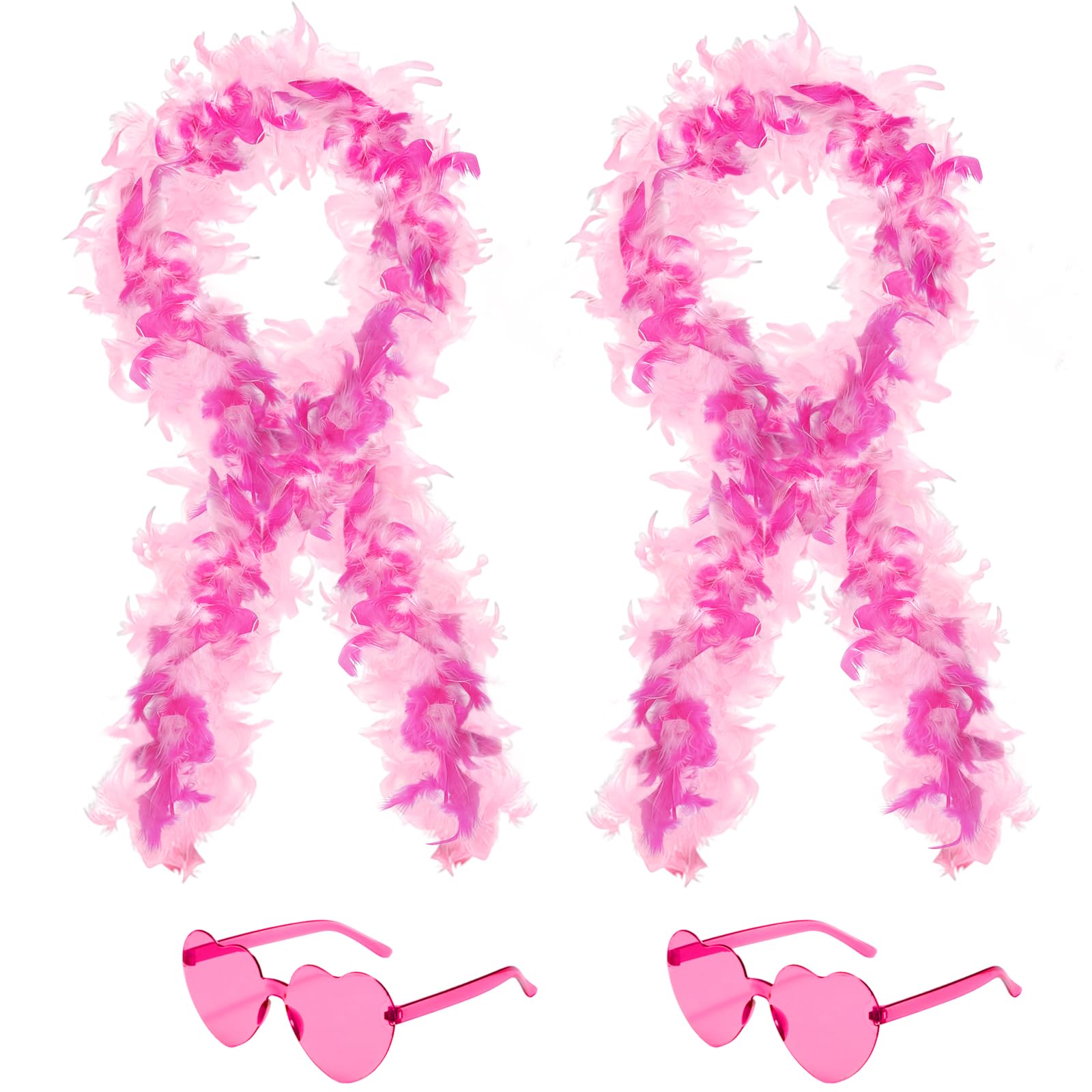 SHENYI 4Pcs Colorful Fancy Dress Feather Boa Set, 4ft Feather Boa with Heart Rimless Sunglasses for Women, Artificial Fluffy Boa Decorations wit for Dancing Wedding Party Cosplay Halloween (Pink Mix)