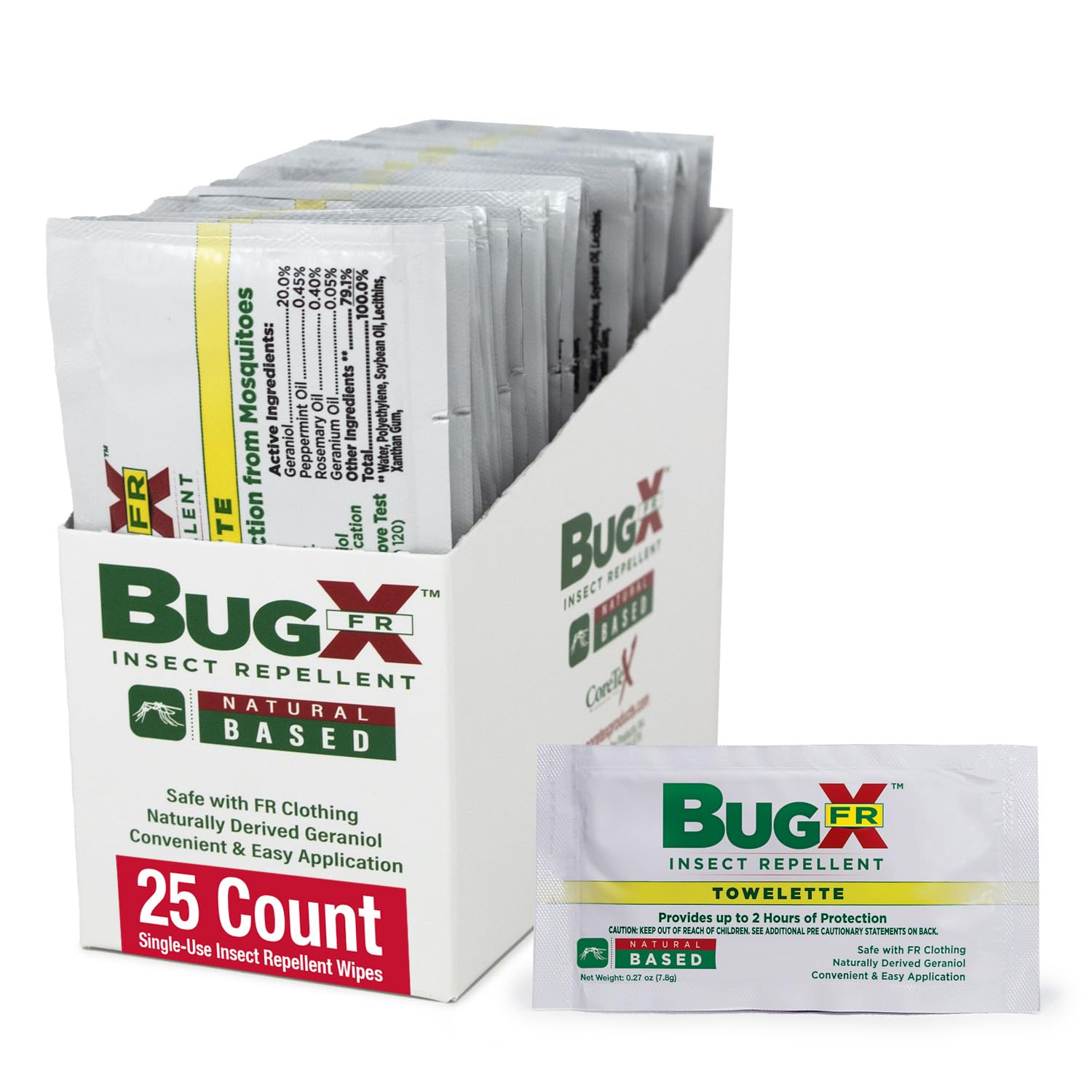 CoreTex Bug X FR DEET-Free Insect Repellent Wipes - Pack of 25 Single-Use, Naturally Derived Geranium Oil Bug Wipes - Protects Against Flies, Fleas & Ticks - Travel Size Mosquito Repellent Towelettes
