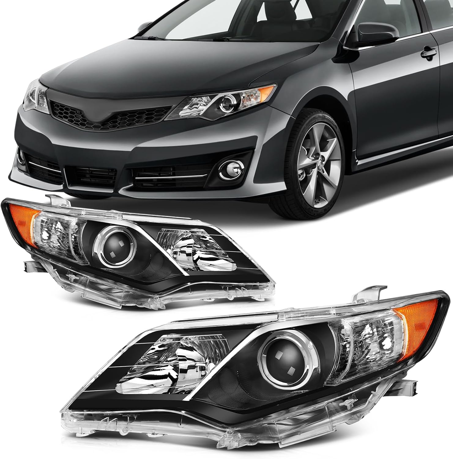 SCITOO Headlights for 2012-2014 for Toyota Camry Pair Headlights Assembly Black Housing Amber Reflector TO2502211