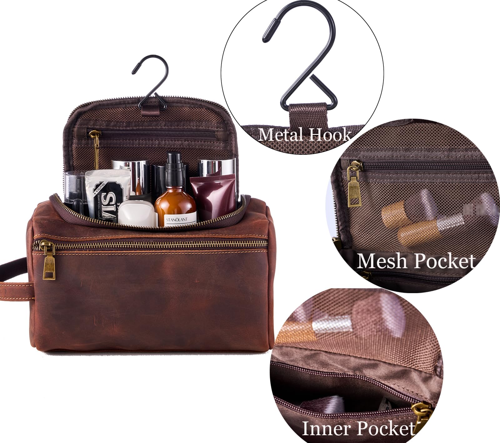 EURYNOME Leather Unisex Toiletry Bag Travel, Genuine Leather Shaving Dopp Kit - Mens Toiletry Bag With Hook -Makeup Cosmetic Organizer Kit - Men Travel Toiletries Bag Groomsmen Gift
