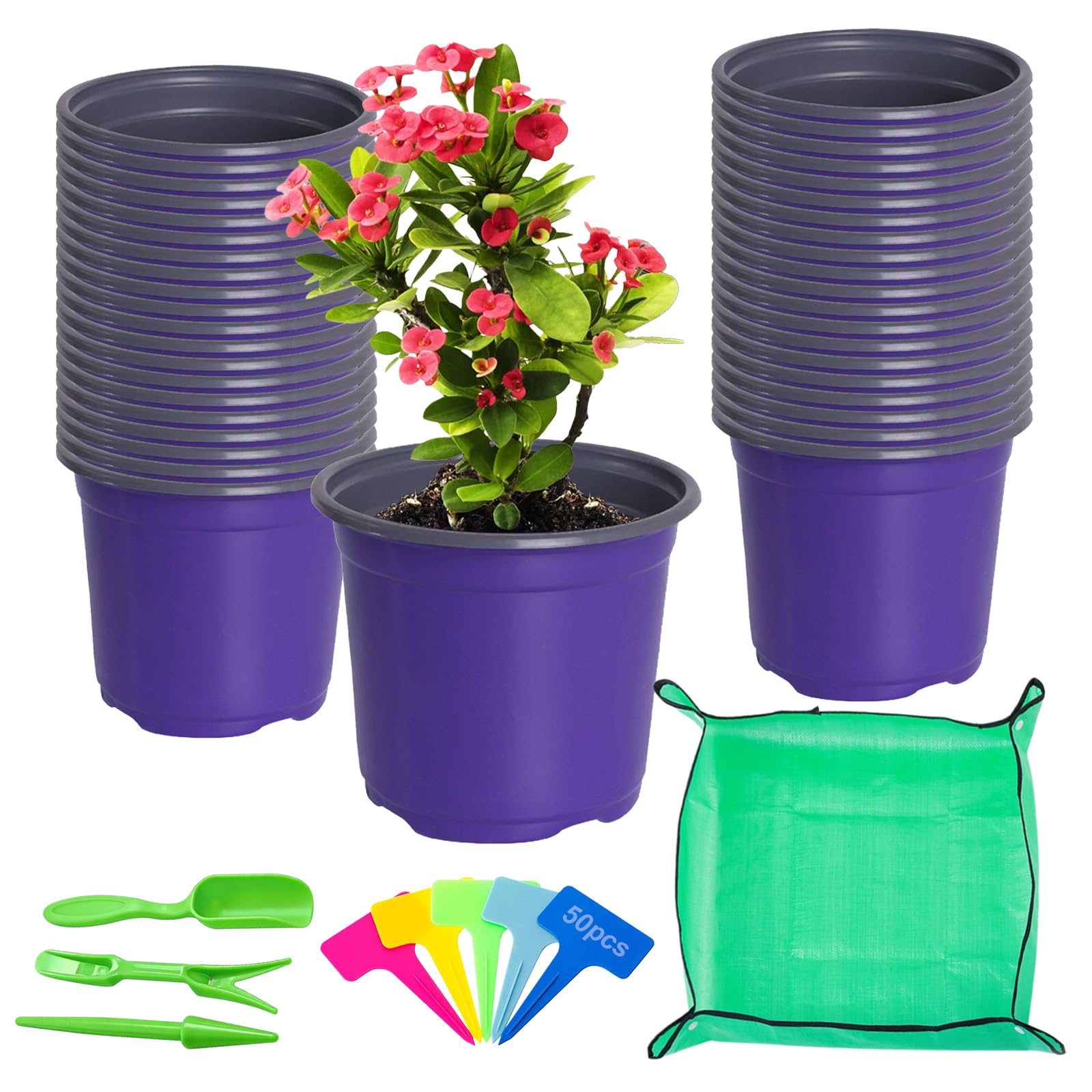 ANBET 50 Pcs Purple 4.72" (12CM) Plastic Plant Pots with Drainage Holes, Small Seedling Pots Succulent Plant Pot & 50 Pcs Plants Labels 3pcs Plant Tool Set Green Repotting Mat 26" X 26" Indoor Outdoor