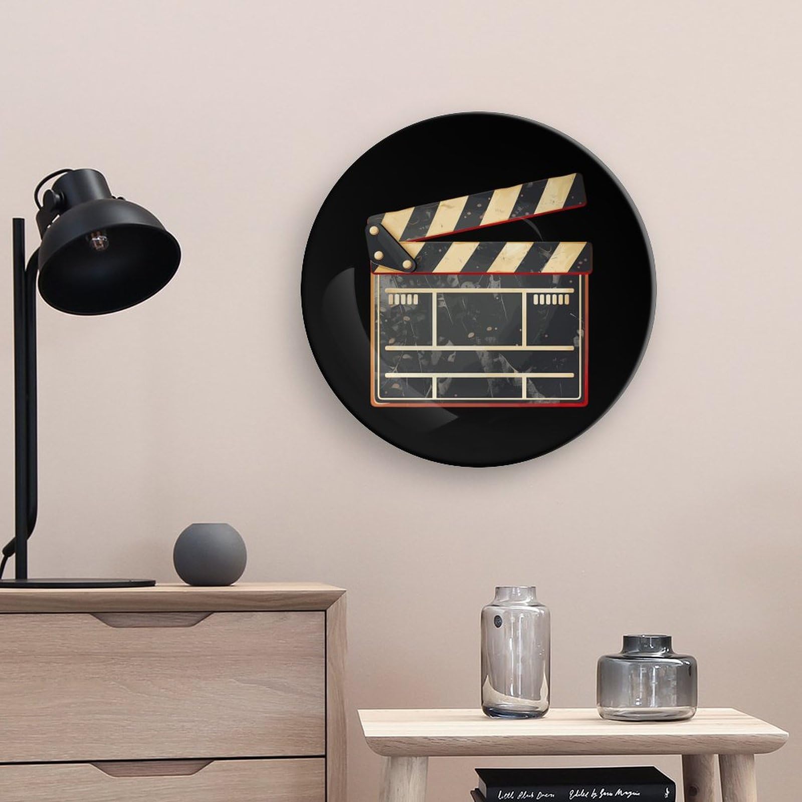 Piatto decorativo con ciak da cinema con espositore, piatto in ceramica, piatto in porcellana per decorazioni per feste e matrimoni