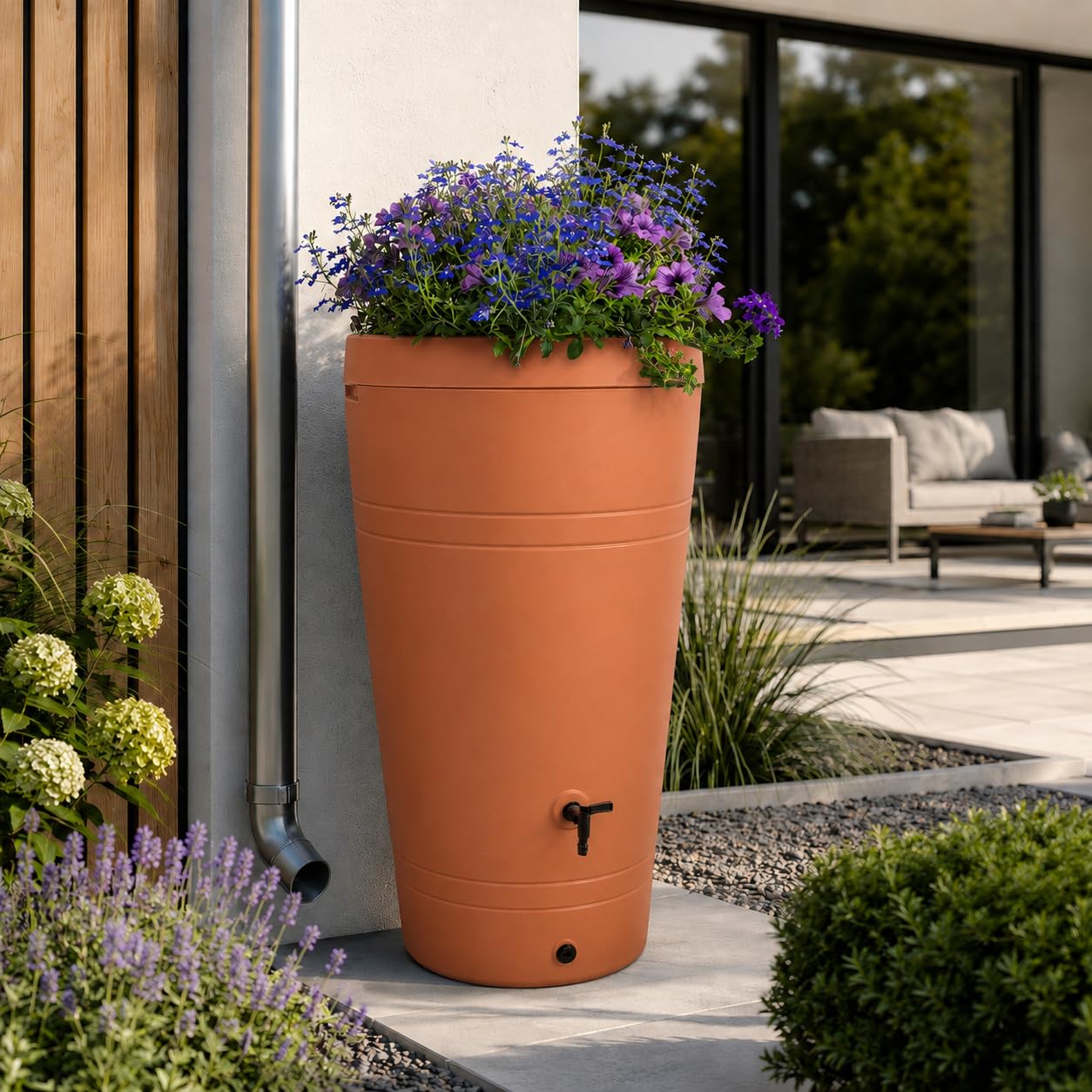 YourCasa Deposito Agua 230 litros [Diseño Decore] Barril de Lluvia Resistente a Las heladas de plástico – bidon Agua de Lluvia con Grifo – depósito de Agua para jardín (Terracotta)