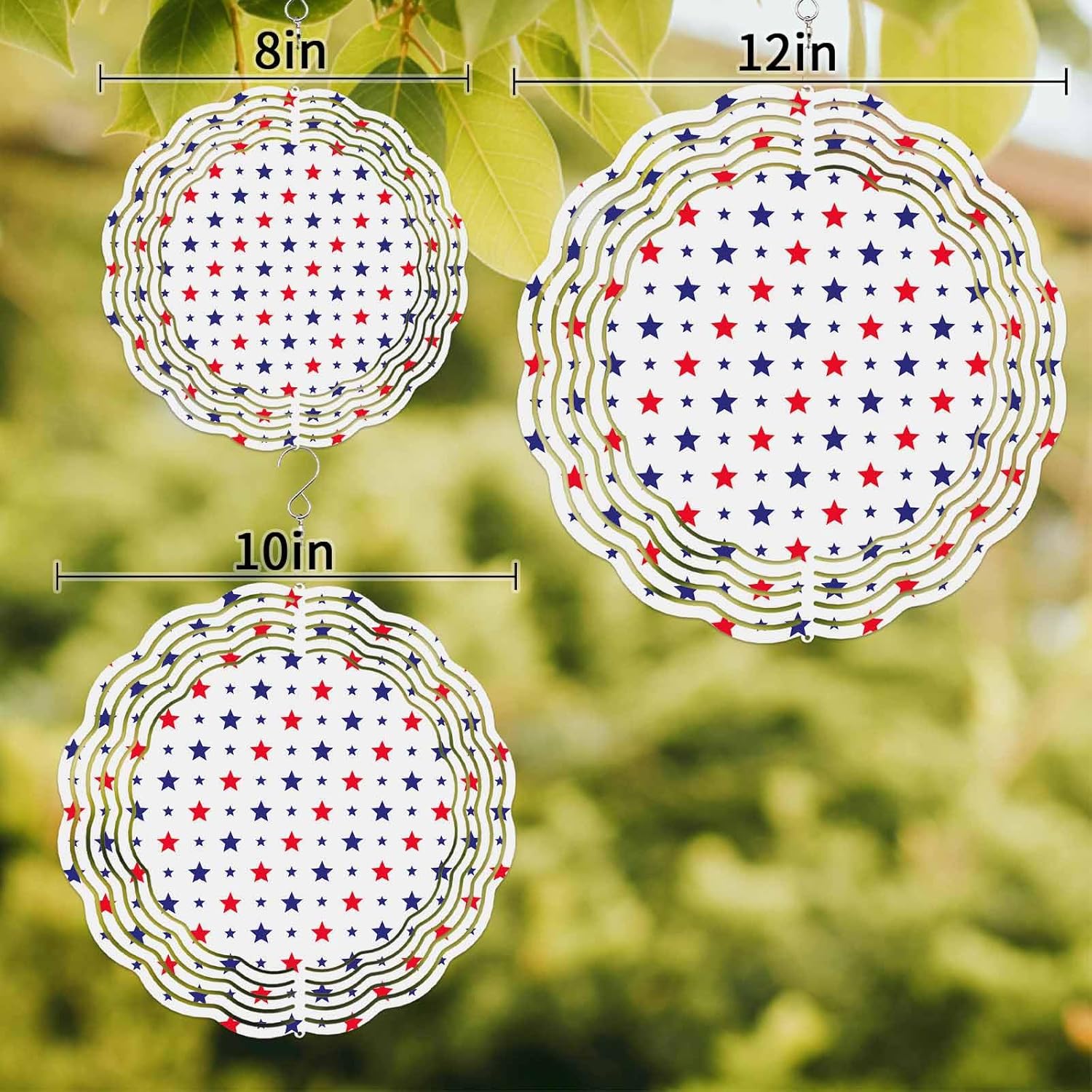 Flag Day Red and Blue Stars on White Wind Spinner for Garden Yard 3D Stainless Steel Hanging Wind Spinners, 4th of July Celebration Spinners Outdoor Metal Decor for Lawn Patio Home