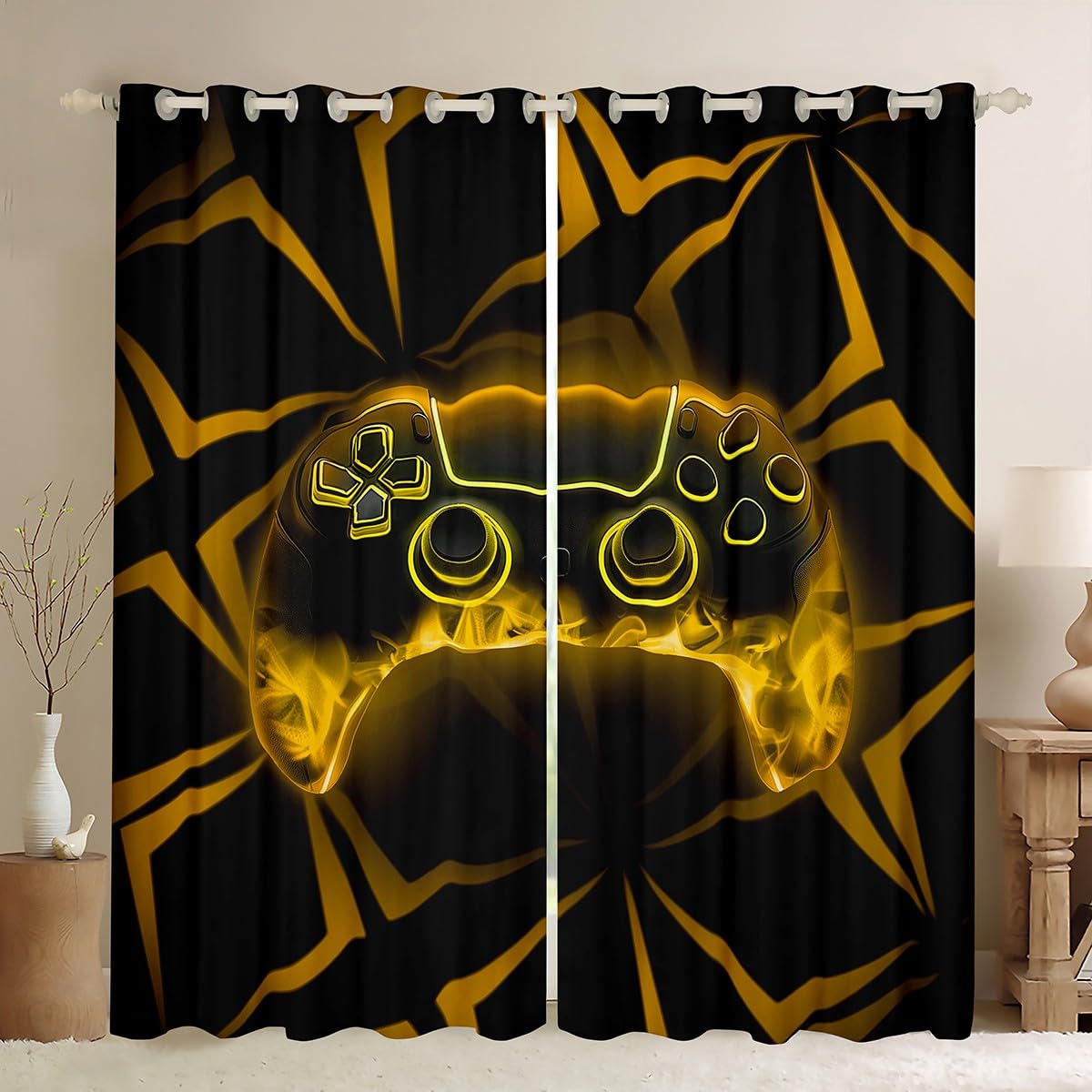 Manfei Gamer Kids Blackout Curtain Black Yellow Game Console Window Drapes for Boys Girls Room Decor, Geometric Gaming Window Treatments, Grommet Top 2 Panel Set Bedroom Curtains, 66Wx72L inch — image 1