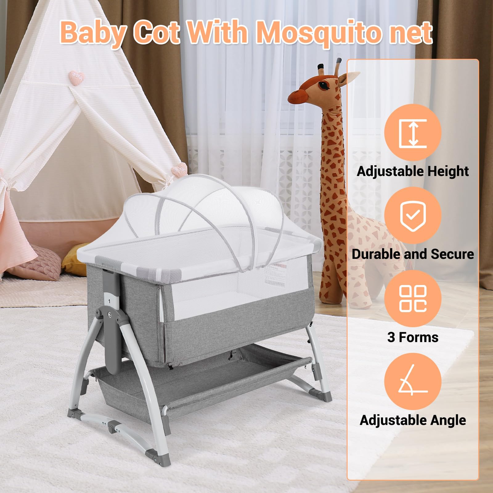 Lit Bébé Évolutif 3 en 1 Convertible Cododo avec Moustiquaire, Matelas, Bascule, 7 Hauteurs Réglables, 0-36 Mois
