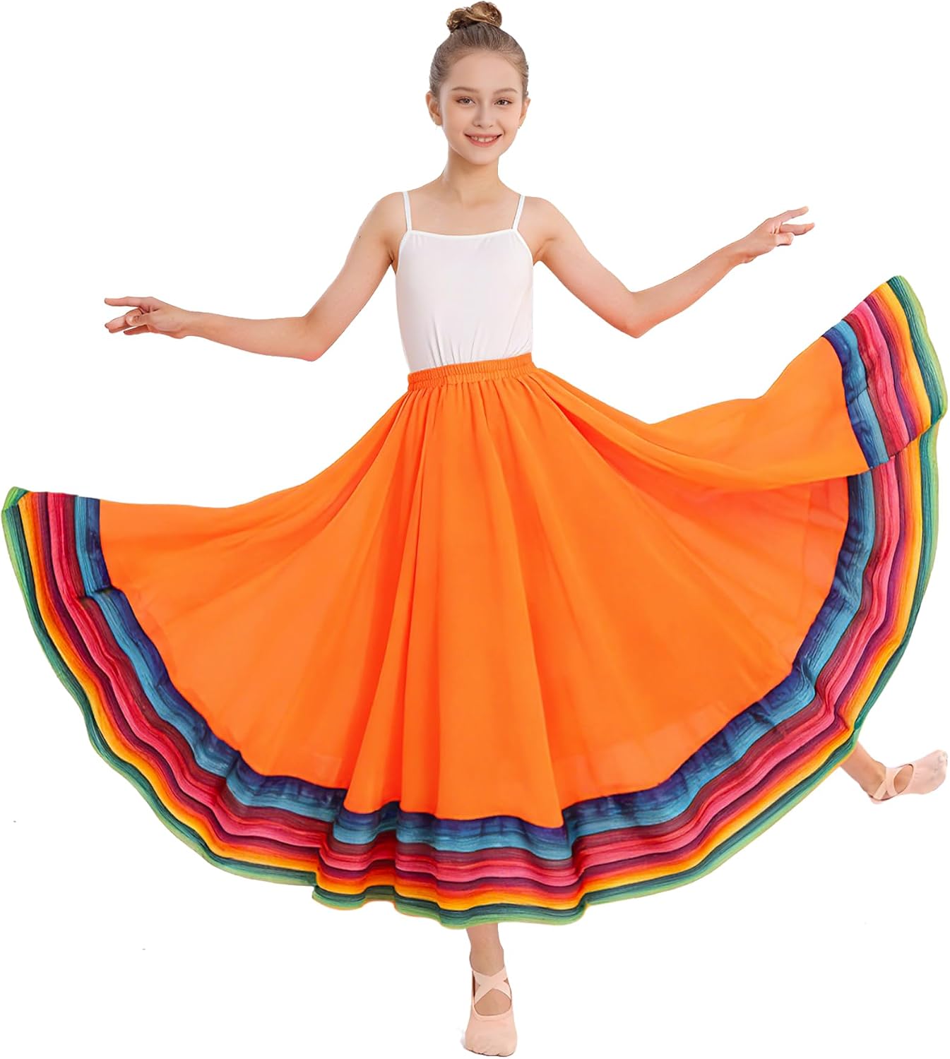 Girl's Lyrical Dance Skirt Elastic Waist Chiffon Long Swing Flowy Folklorico Skirts for Mexican Flamenco Dancewear