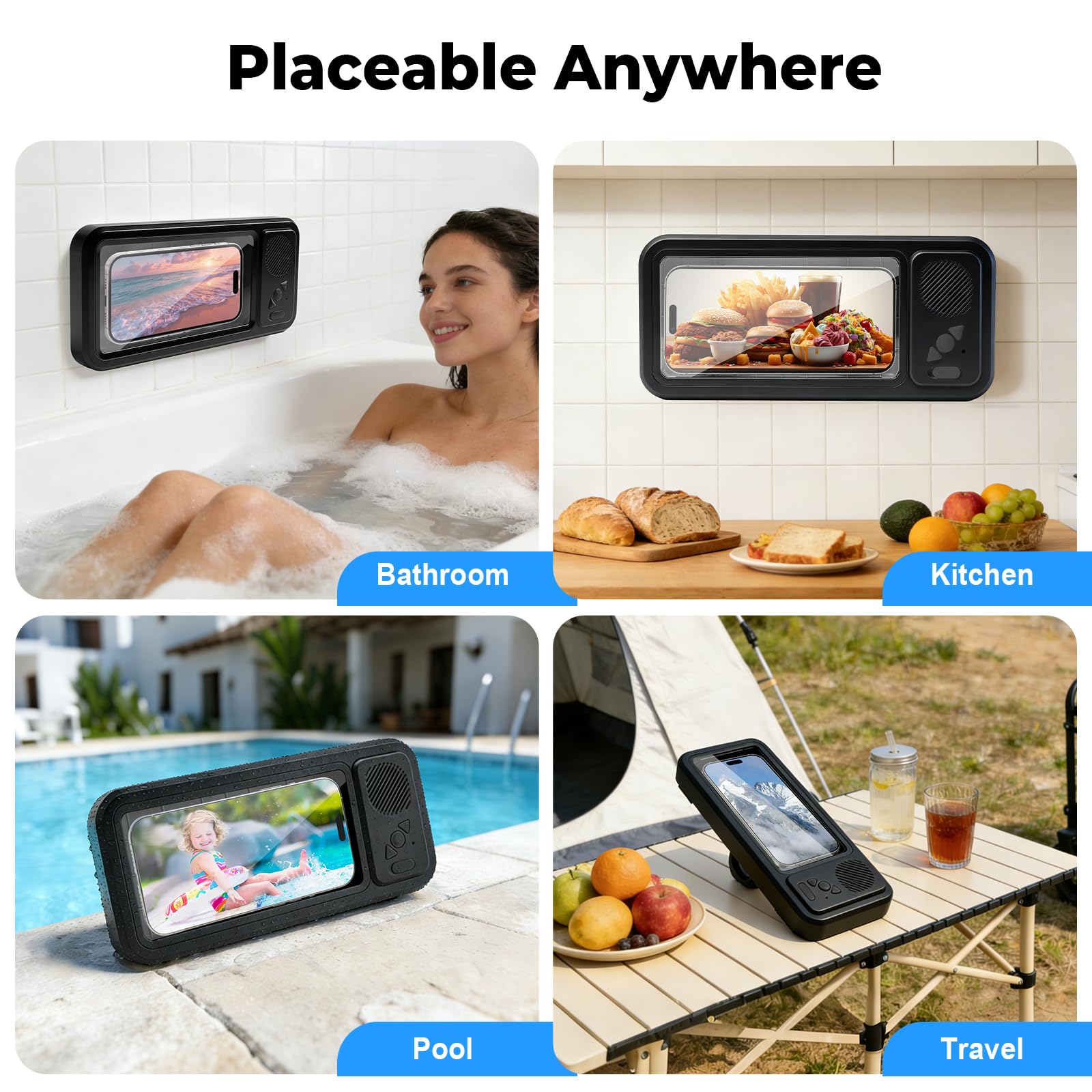Supporto per telefono da doccia impermeabile con Bluetooth, IPX8, ventosa/montaggio a parete girevole a 360°, altoparlante da 5,3 pollici integrato per bagno/cucina/piscina, per iPhone 16/15/14
